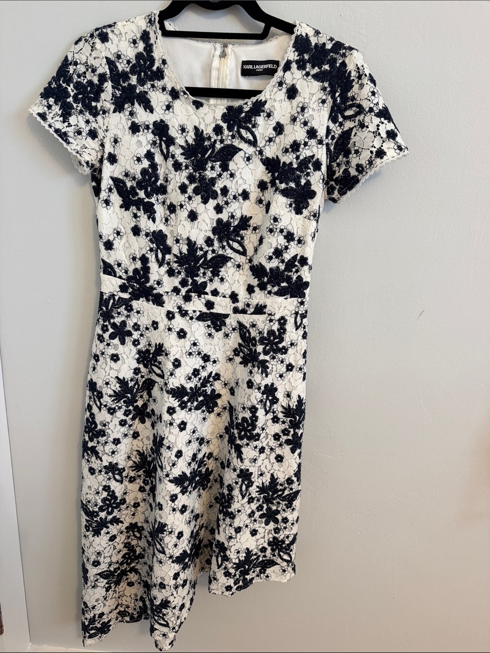 Karl Lagerfeld White Dress with Black Floral Lace Overlay